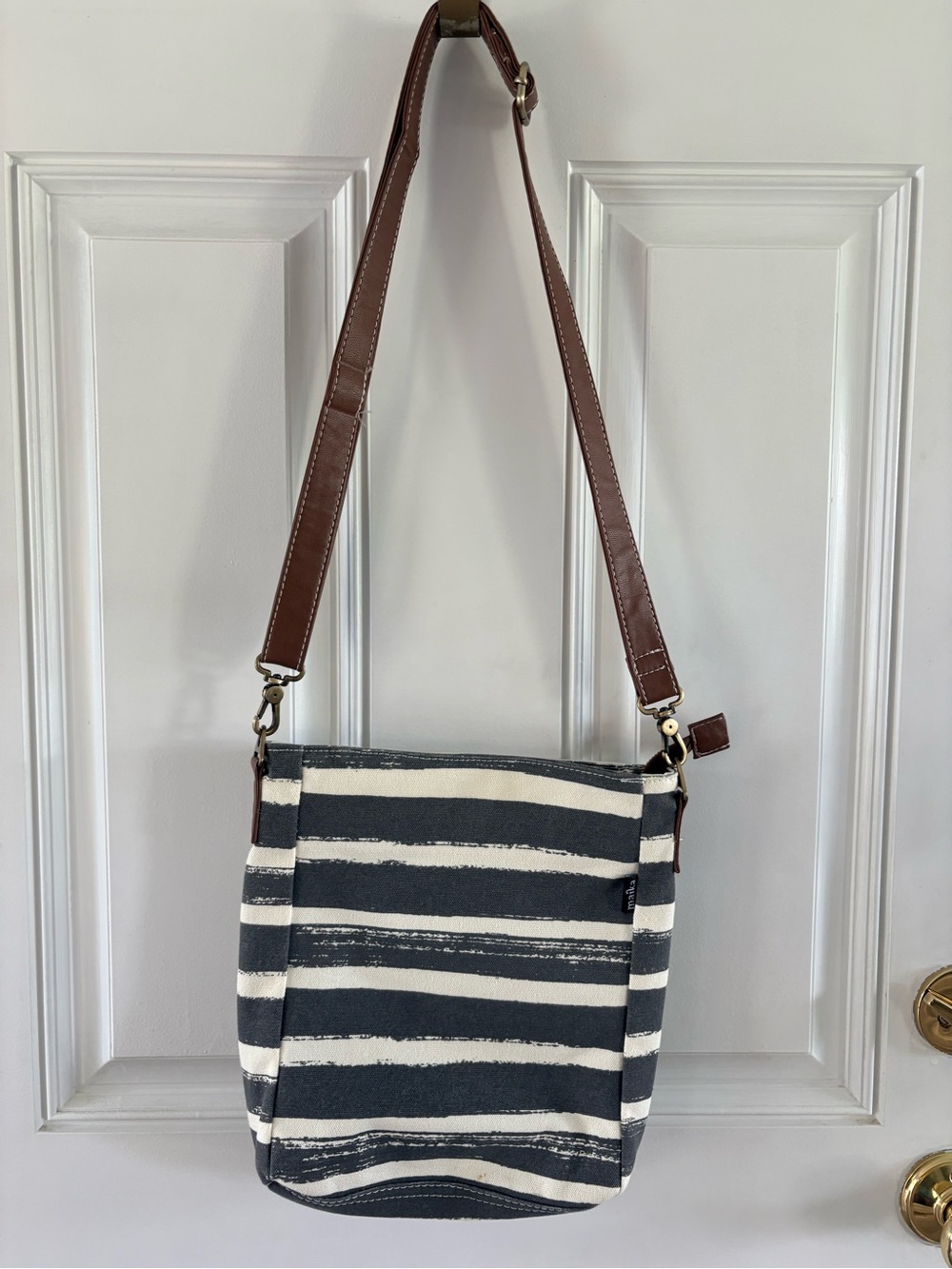 Striped Canvas Crossbody Bag with Brown Strap - Black & White